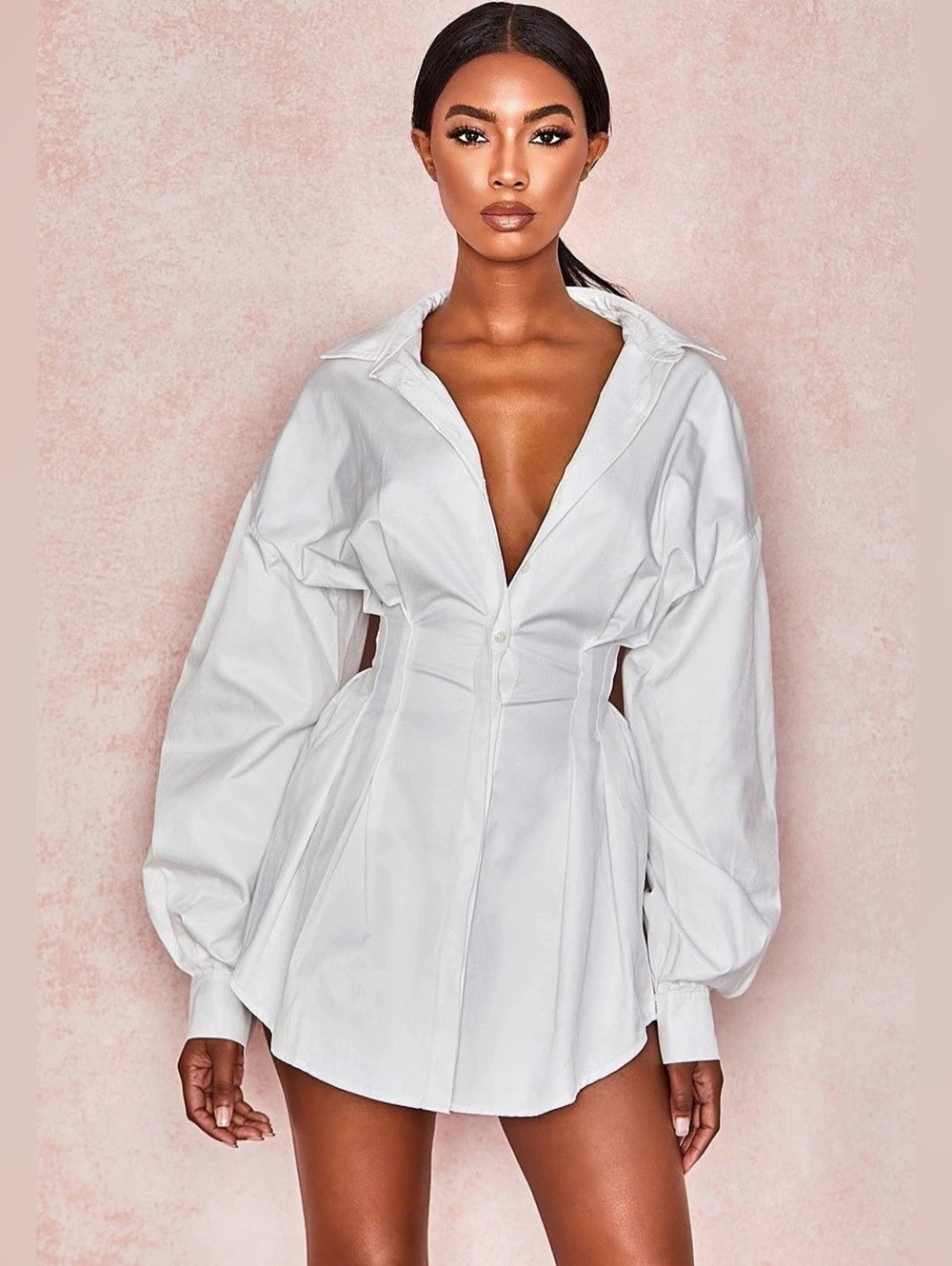NWOT House of CB - Maddalena White Cinched Waist Shirt Dress